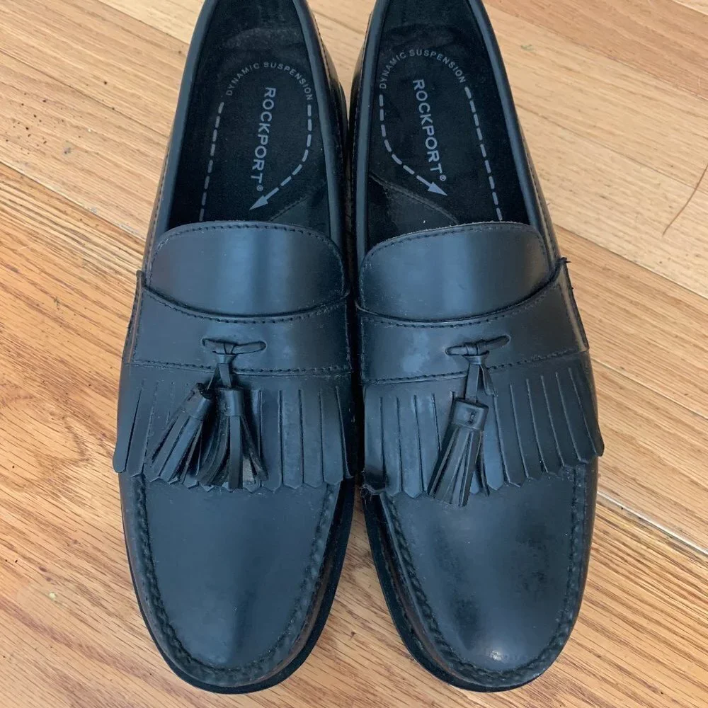 New ROCKPORT Men's Black Leather Loafers w/Tassels